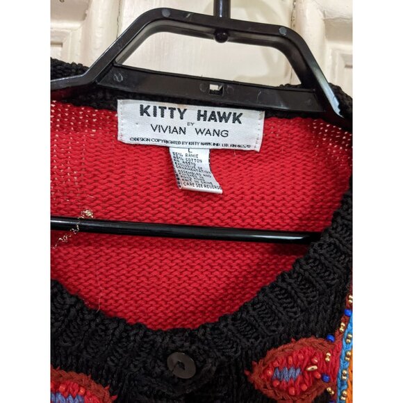 Kitty Hawk By Vivian Wang Colorful Knit Cardigan Sweater Red/Black Beaded Button - Picture 5 of 7